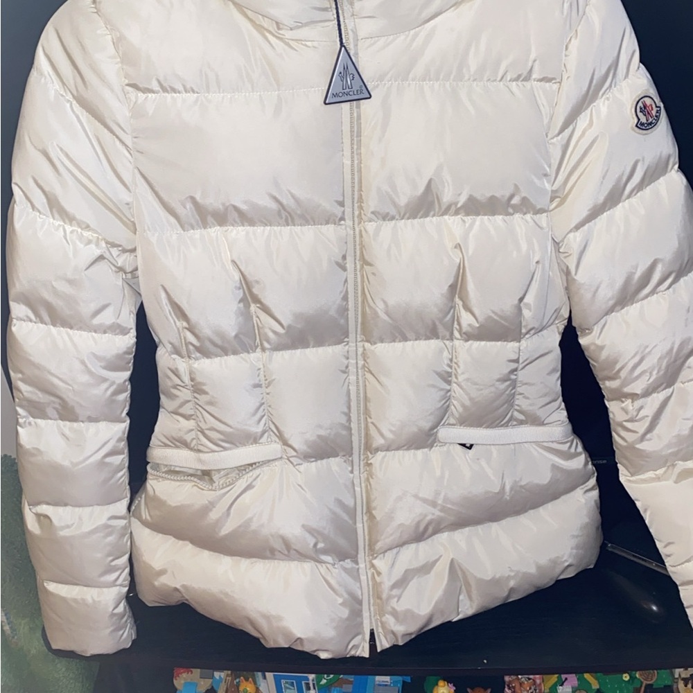 Moncler Cream Quilted Puffer Jacket with Stand-Up Collar